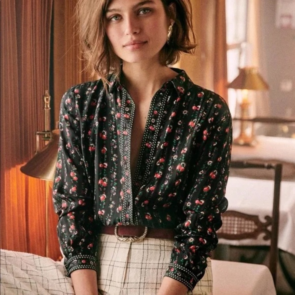 NWT Sezane 100% Silk Ann Shirt Folk Vintage Print Size 34